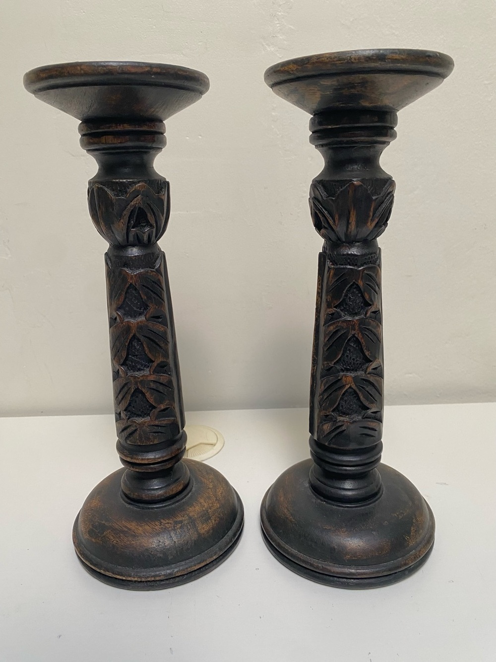 Anthropologie Hand Carved Wood Pillar Candle Holder 12" Tall Candle Sticks